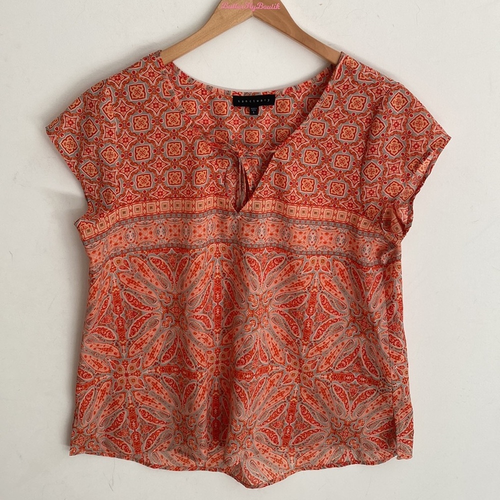 Sanctuary paisley print cap sleeve tie front split hem top, Size L‎